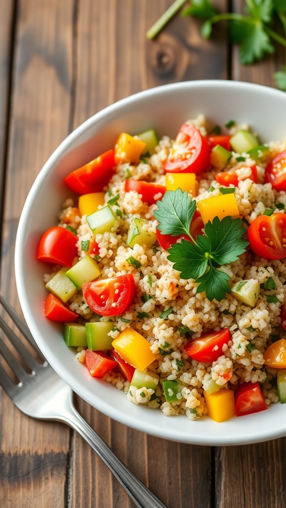 A vibrant chilled quinoa salad with tomatoes, cucumbers, bell peppers, and parsley in a bowl on a wooden table.
